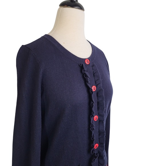 Talbots Nautical Anchor Cardigan Navy Ruffle Cotton Cashmere Sweater M Preppy - Picture 4 of 10